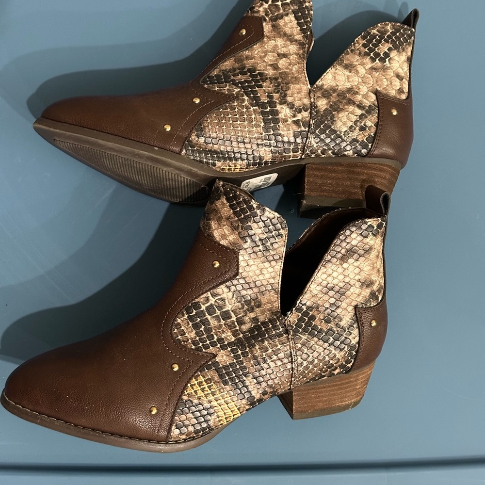 Stylish Brown and Snake Print Ankle Booties